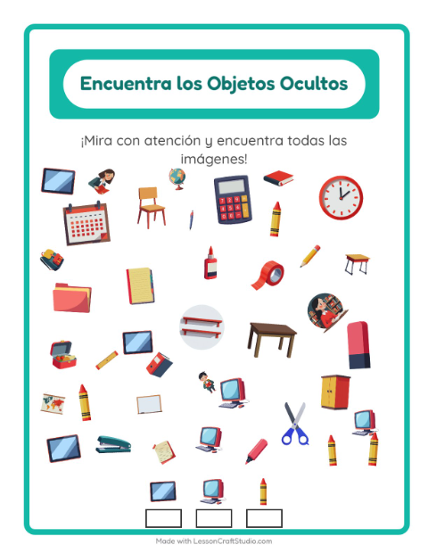 Vista previa de la hoja de Encuentra Los Objetos con Salón de clases para jardín infantil
