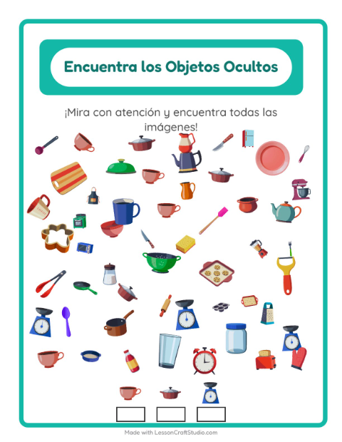 Vista previa de la hoja de Encuentra Los Objetos con Utensilios de cocina para jardín infantil