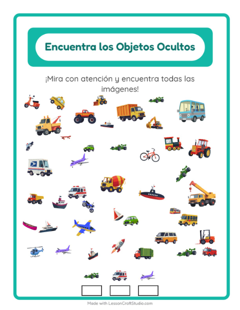 Vista previa de la hoja de Encuentra Los Objetos con Vehículos para jardín infantil