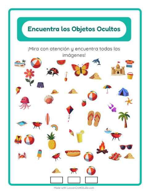 Vista previa de la hoja de Encuentra Los Objetos con Verano para jardín infantil