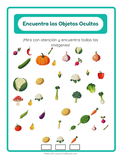Vista previa de la hoja de Encuentra Los Objetos con Verduras para jardín infantil