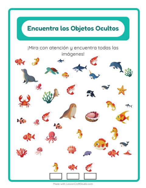 Vista previa de la hoja de Encuentra Los Objetos con Vida marina para jardín infantil