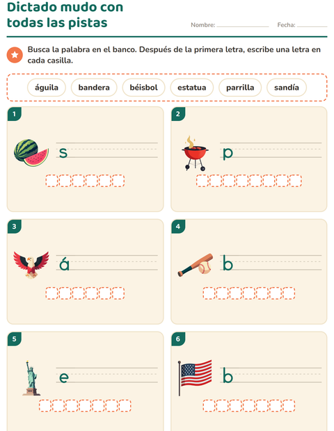 Vista previa de la hoja de Escribir la palabra con 4 de Julio para grado 1