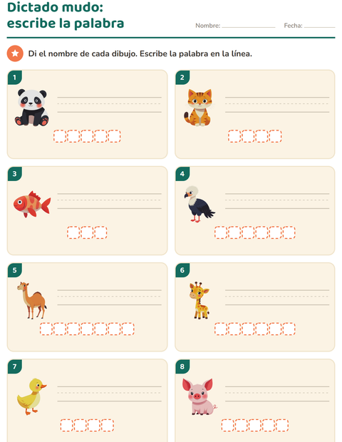 Vista previa de la hoja de Escribir la palabra con Animales para grado 1
