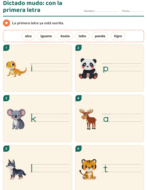 Dictado mudo con la primera letra puesta: animales — primer grado