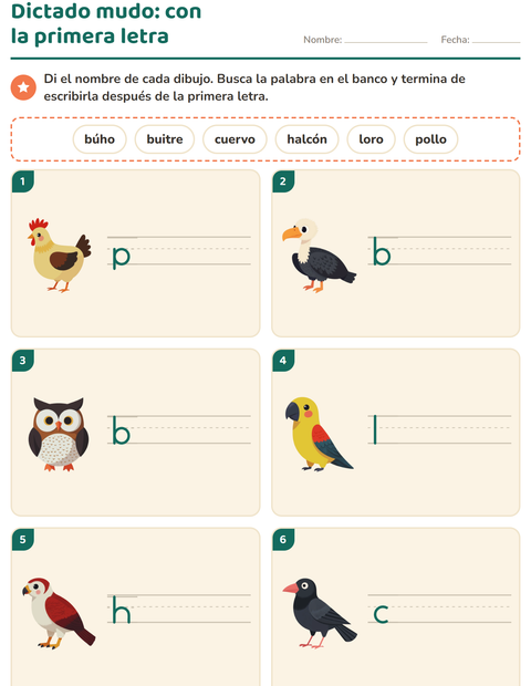 Vista previa de la hoja de Escribir la palabra con Aves 2 para grado 1
