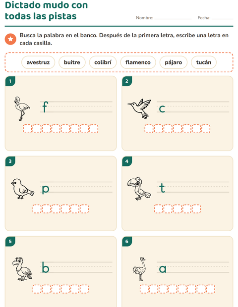 Vista previa de la hoja de Escribir la palabra con Aves ByN 2 para grado 1
