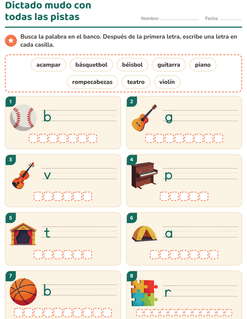 Vista previa de la hoja de Escribir la palabra con Actividades para grado 1