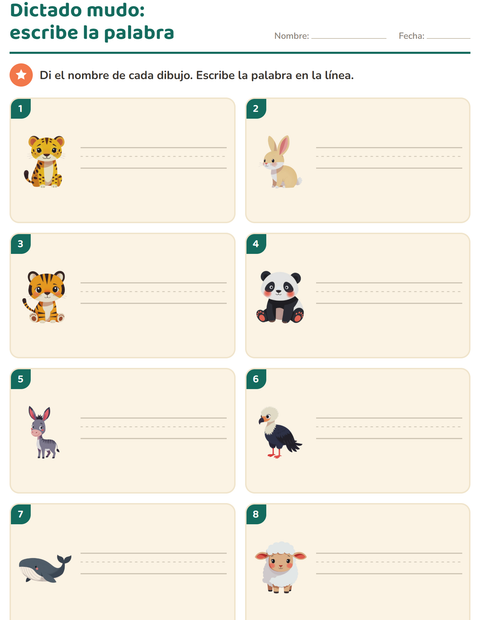 Vista previa de la hoja de Escribir la palabra con Animales para grado 1