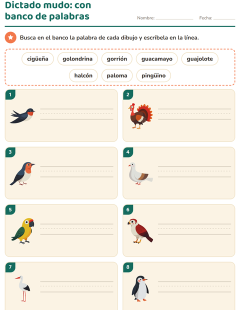 Vista previa de la hoja de Escribir la palabra con Aves 2 para grado 1