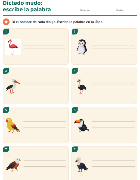 Vista previa de la hoja de Escribir la palabra con Aves para grado 1