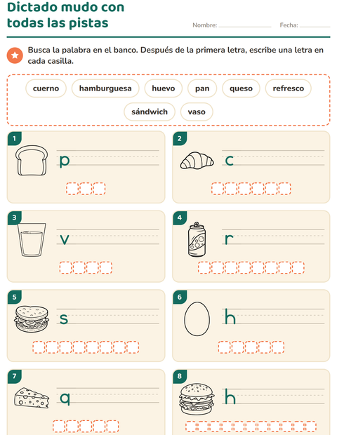 Vista previa de la hoja de Escribir la palabra con Comida BN 3 para grado 1