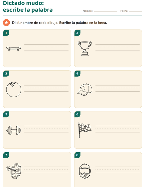 Vista previa de la hoja de Escribir la palabra con Deportes BN para grado 1