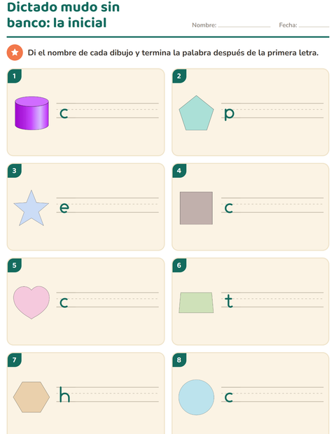 Vista previa de la hoja de Escribir la palabra con Formas para grado 1