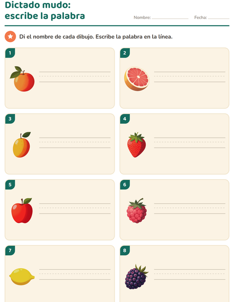 Vista previa de la hoja de Escribir la palabra con Frutas para grado 1