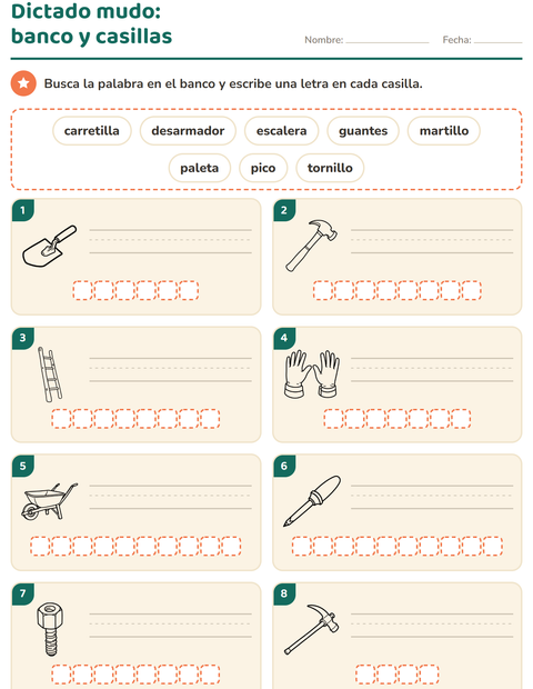 Vista previa de la hoja de Escribir la palabra con Herramientas BN para grado 1