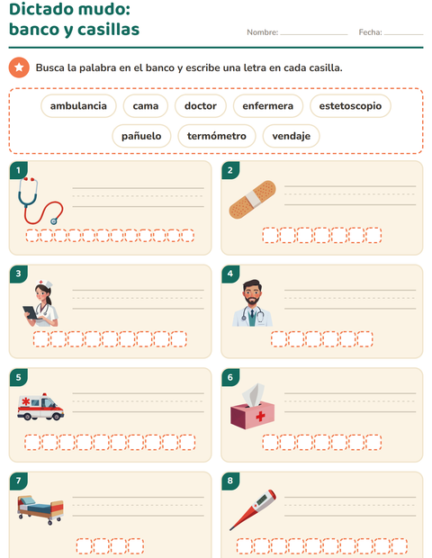 Vista previa de la hoja de Escribir la palabra con Hospital para grado 1