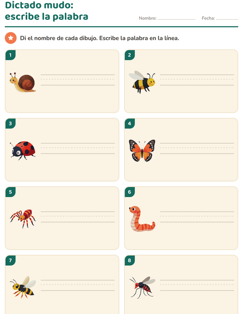 Vista previa de la hoja de Escribir la palabra con Insectos y bichos para grado 1