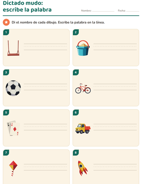 Vista previa de la hoja de Escribir la palabra con Juguetes para grado 1