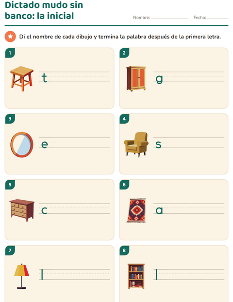 Vista previa de la hoja de Escribir la palabra con Muebles para grado 1