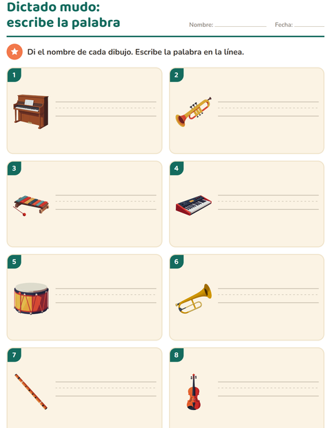 Vista previa de la hoja de Escribir la palabra con Música para grado 1