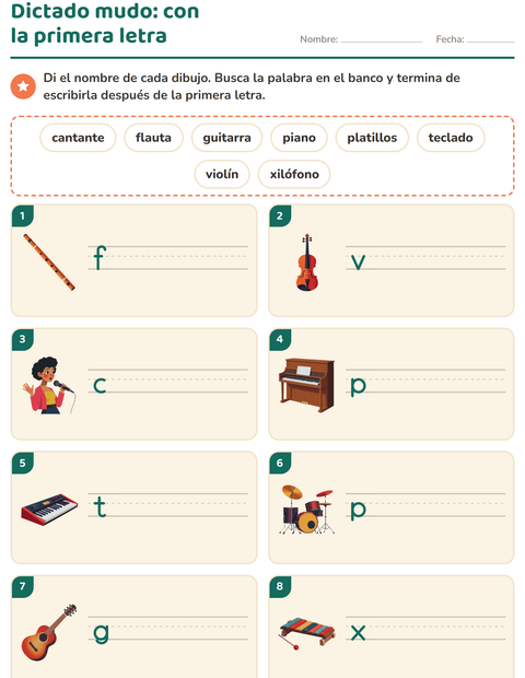 Vista previa de la hoja de Escribir la palabra con Música para grado 1