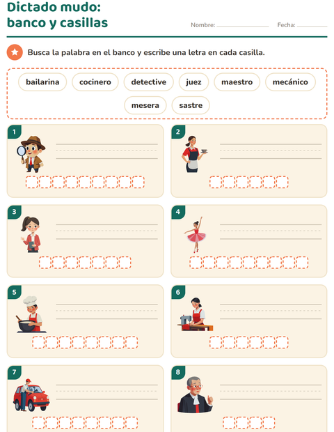 Vista previa de la hoja de Escribir la palabra con Ocupaciones para grado 1