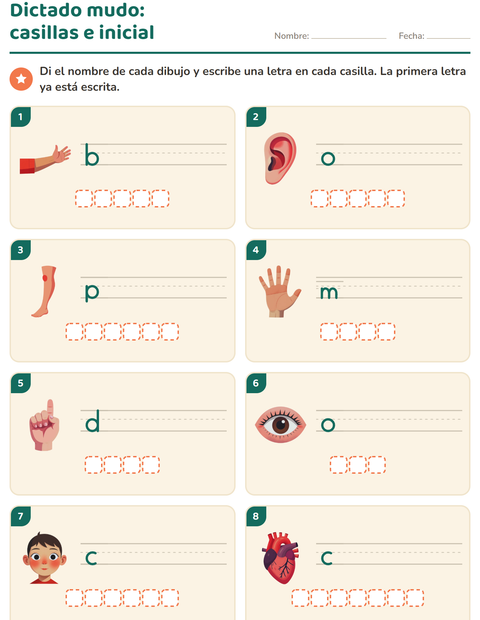 Vista previa de la hoja de Escribir la palabra con Partes del cuerpo para grado 1