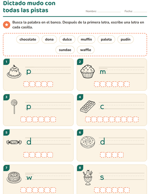 Vista previa de la hoja de Escribir la palabra con Postre (B/N) para grado 1