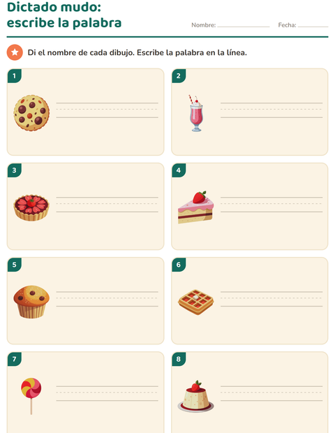 Vista previa de la hoja de Escribir la palabra con Postres y dulces para grado 1