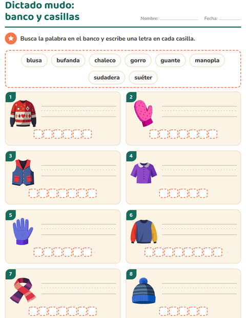 Vista previa de la hoja de Escribir la palabra con Ropa para grado 1
