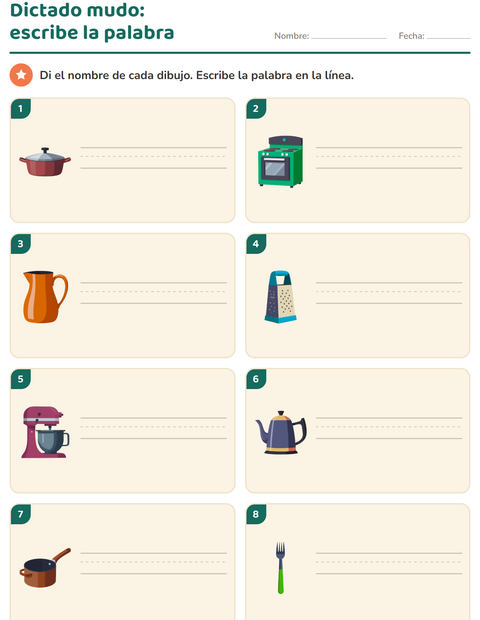 Vista previa de la hoja de Escribir la palabra con Utensilios de cocina para grado 1