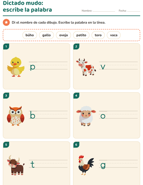 Vista previa de la hoja de Escribir la palabra con Animales de granja para grado 1