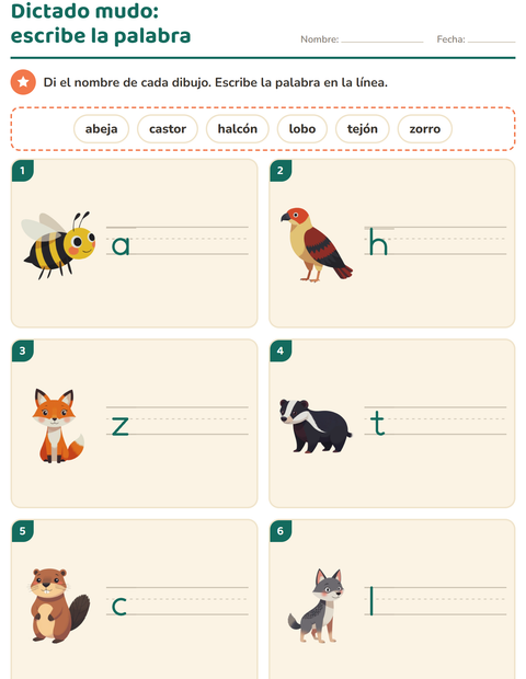 Vista previa de la hoja de Escribir la palabra con Criaturas del bosque para grado 1