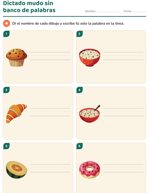 Vista previa de la hoja de Escribir la palabra con Desayuno para grado 1