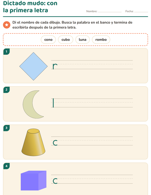 Vista previa de la hoja de Escribir la palabra con Formas para grado 1