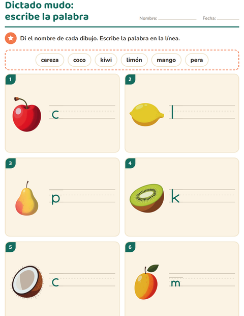 Vista previa de la hoja de Escribir la palabra con Frutas para grado 1