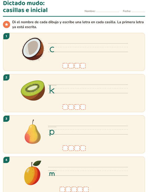 Vista previa de la hoja de Escribir la palabra con Frutas para grado 1