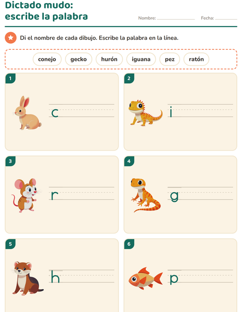 Vista previa de la hoja de Escribir la palabra con Mascotas para grado 1