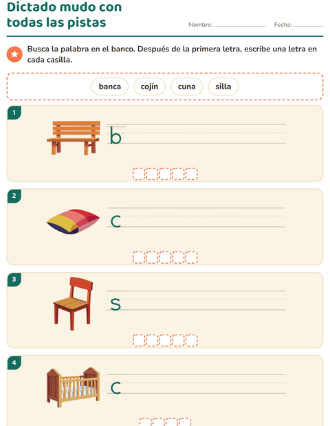 Vista previa de la hoja de Escribir la palabra con Muebles para grado 1