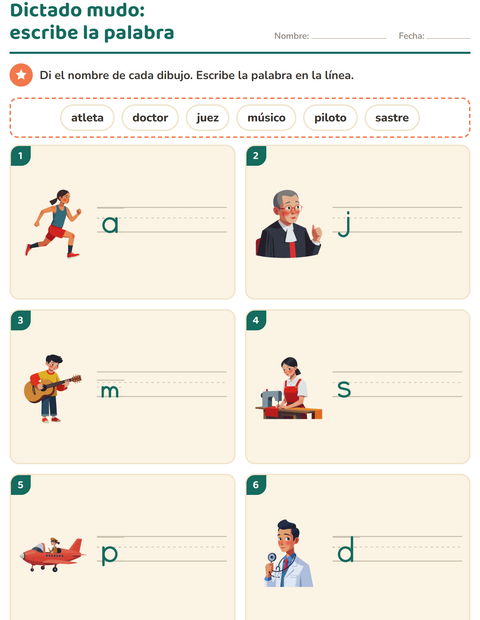 Vista previa de la hoja de Escribir la palabra con Ocupaciones para grado 1