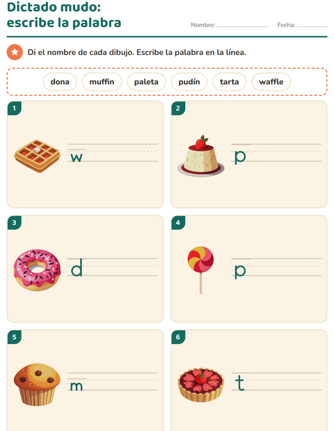 Vista previa de la hoja de Escribir la palabra con Postres y dulces para grado 1