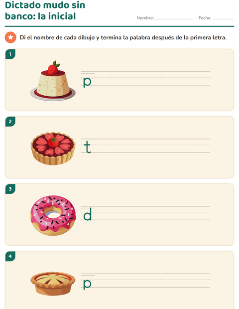 Vista previa de la hoja de Escribir la palabra con Postres y dulces para grado 1