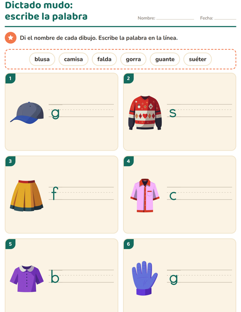 Vista previa de la hoja de Escribir la palabra con Ropa para grado 1