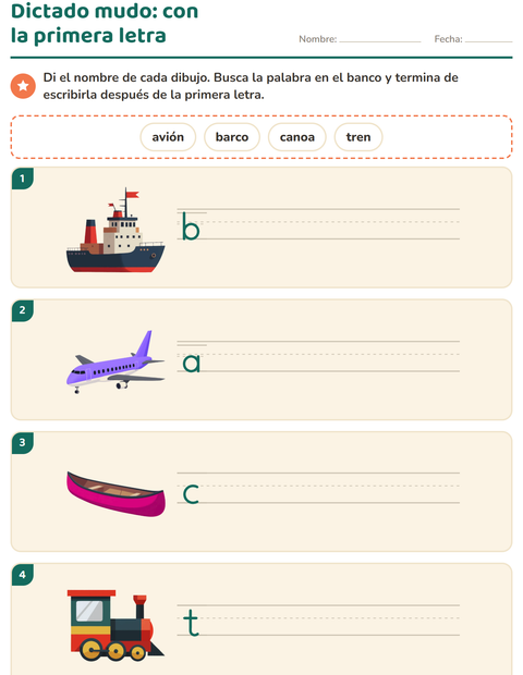 Vista previa de la hoja de Escribir la palabra con Vehículos para grado 1