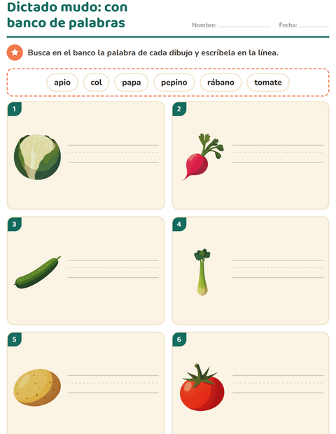 Vista previa de la hoja de Escribir la palabra con Verduras para grado 1