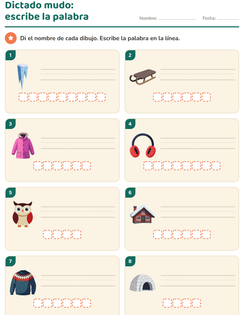 Vista previa de la hoja de Escribir la palabra con Invierno para grado 1