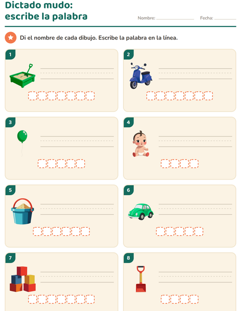 Vista previa de la hoja de Escribir la palabra con Juguetes para grado 1