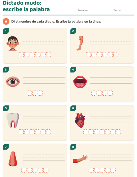 Vista previa de la hoja de Escribir la palabra con Partes del cuerpo para grado 1