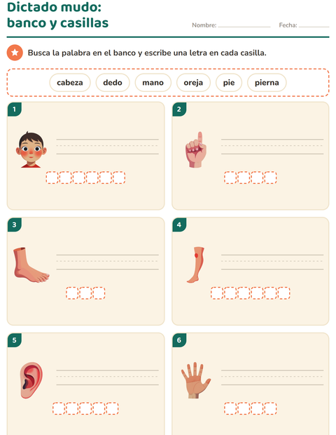 Vista previa de la hoja de Escribir la palabra con Partes del cuerpo para grado 1